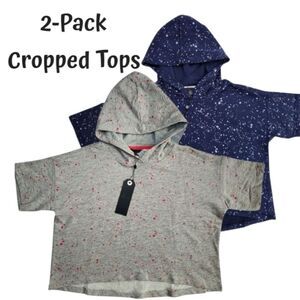 NWT 2-Pack Girls Youth Crop Tops Gray/Blue Splattered Short Sleeve Hoodie Size L